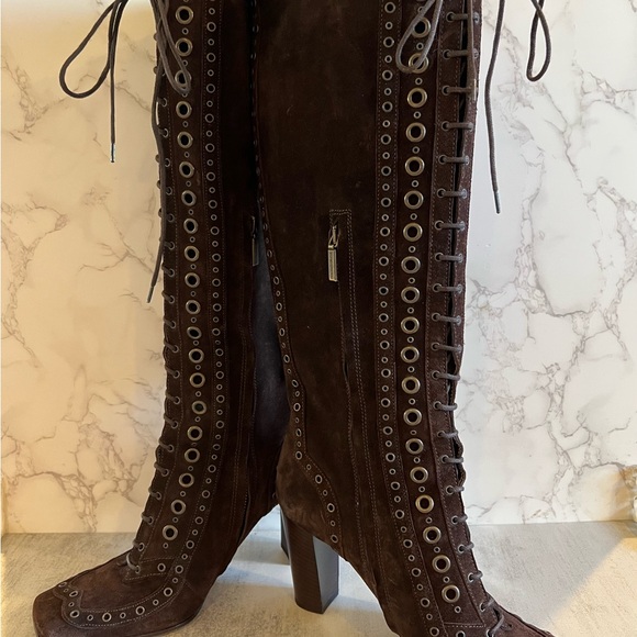 Sz 9.5 Dolce & Gabana Brown Lace-Up Knee-High Boots - Picture 1 of 10